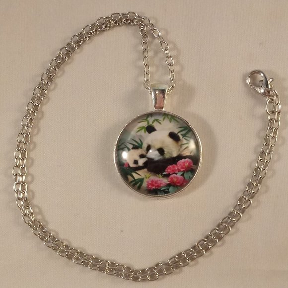 Silver Panda Bears Art Cabochon Pendant Necklace 20" Chain Party Gift - Picture 3 of 3